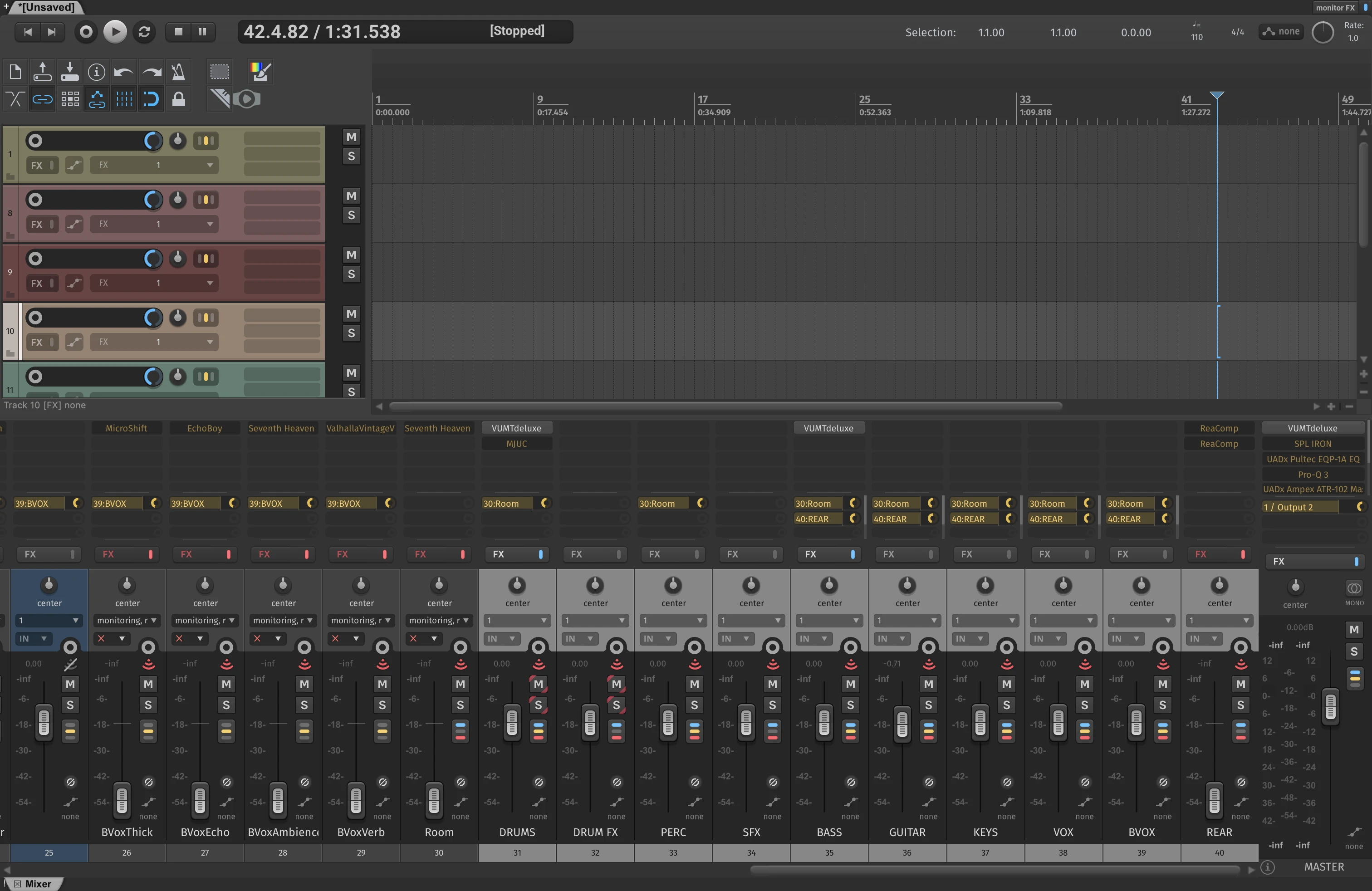A screenshot of the DAW Reaper with a mix template open Reaper mix template