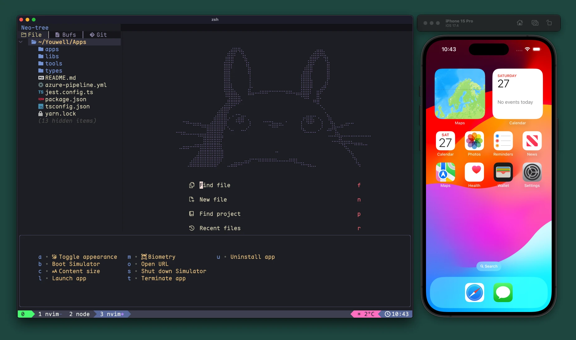 A screenshot from Mac OS showing the NeoVim text editor and iOS Simulator side by side. NeoVim is displaying a list of available shortcuts using which-key for controlling the Simulator, such as Toggle Appearance and Boot Simulator example image